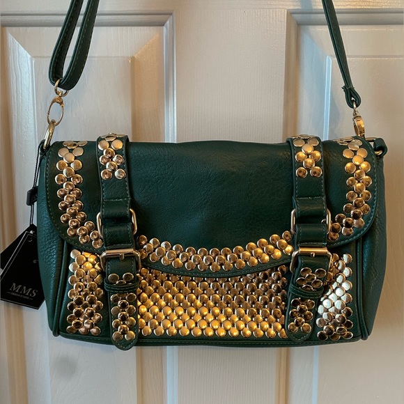 NWT MMS Design Studio Gold Studded Forest Green Vegan Leather Satchel Handbag - Picture 4 of 7